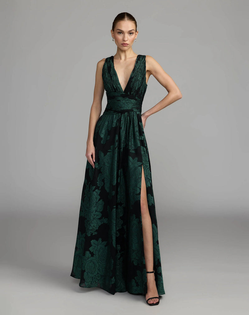 56487-Emerald Floral Sleeveless Plunge Neck Gown polyester cocktail-and-party-dresses by Mac Duggal in multi-color for women in Singapore