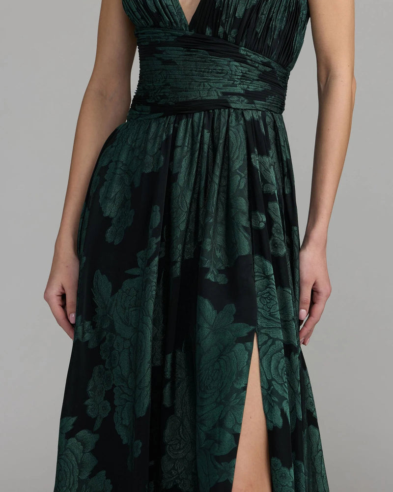 56487-Emerald Floral Sleeveless Plunge Neck Gown polyester cocktail-and-party-dresses by Mac Duggal in multi-color for women in Singapore