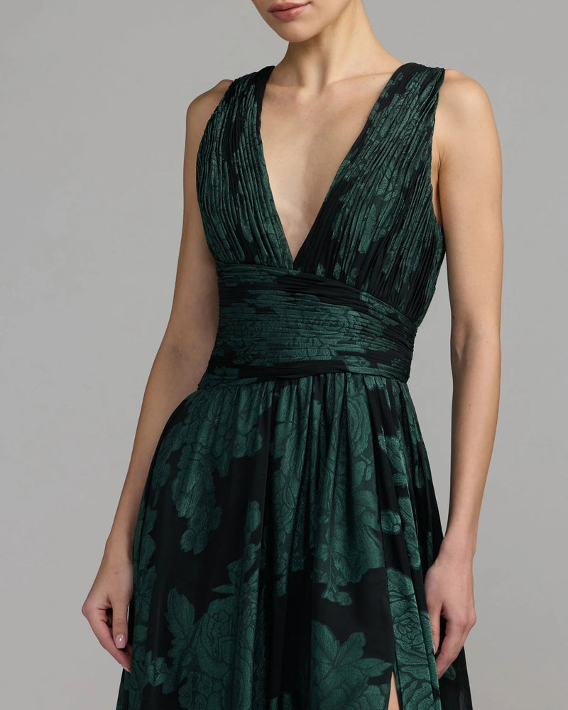 56487-Emerald Floral Sleeveless Plunge Neck Gown polyester cocktail-and-party-dresses by Mac Duggal in multi-color for women in Singapore
