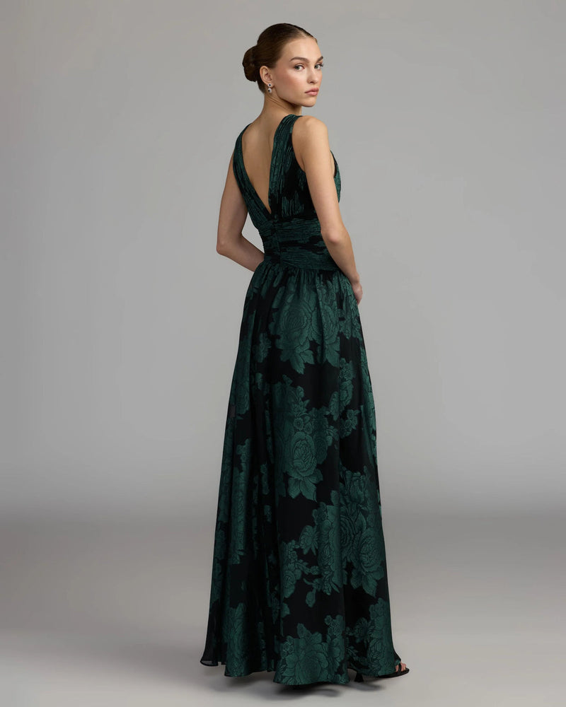 56487-Emerald Floral Sleeveless Plunge Neck Gown polyester cocktail-and-party-dresses by Mac Duggal in multi-color for women in Singapore