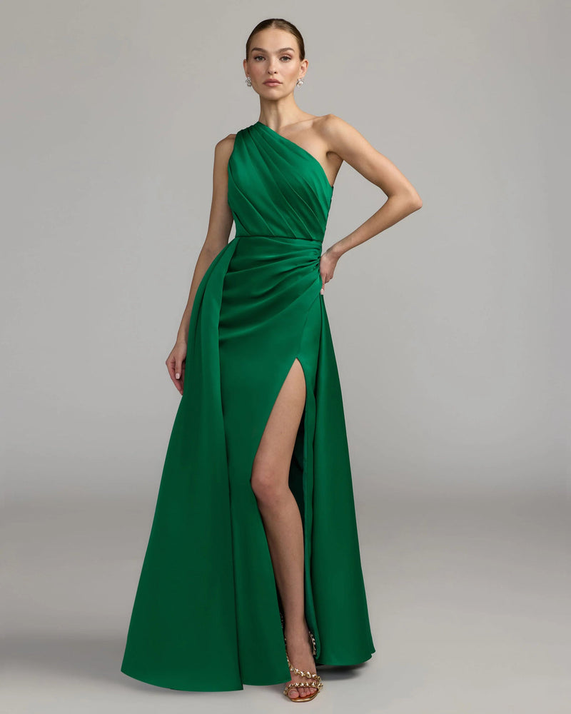 27784-Emerald One Shoulder Satin Gown With Overskirt polyester evening-gowns by Mac Duggal in green for women in Singapore