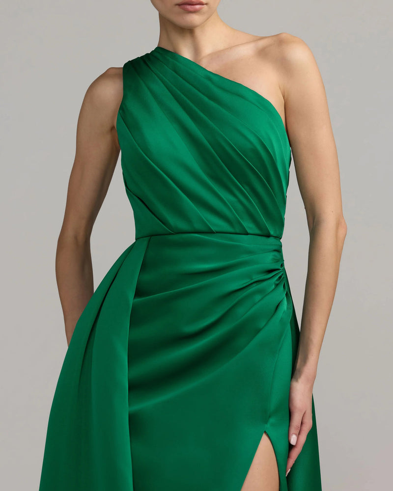 27784-Emerald One Shoulder Satin Gown With Overskirt polyester evening-gowns by Mac Duggal in green for women in Singapore