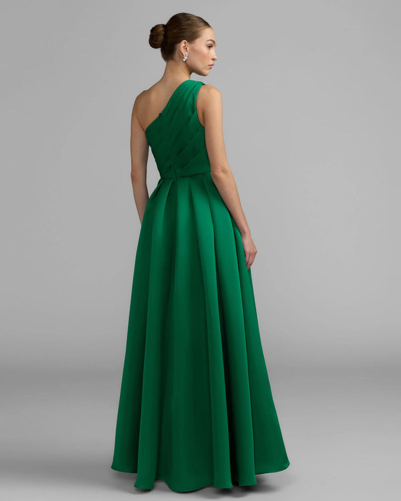 27784-Emerald One Shoulder Satin Gown With Overskirt polyester evening-gowns by Mac Duggal in green for women in Singapore