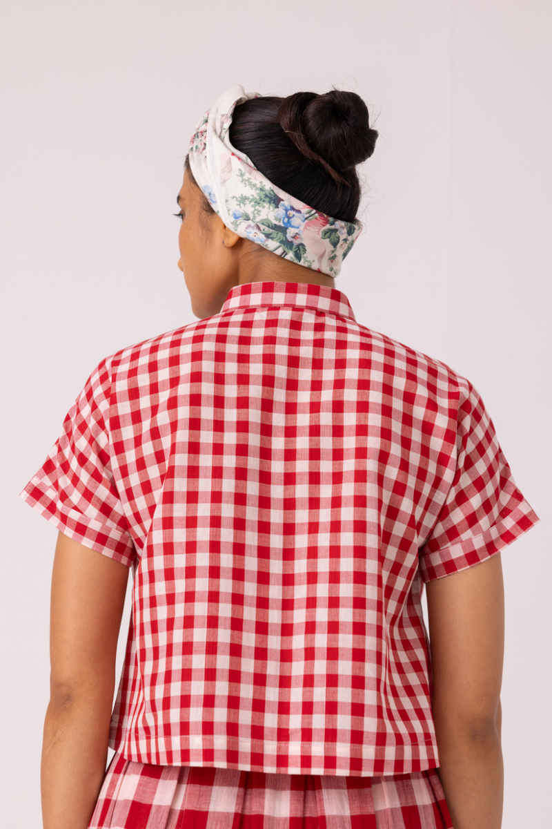 Emily Red Checkered Handwoven Top cotton by The Summer House in red color for women in Singapore