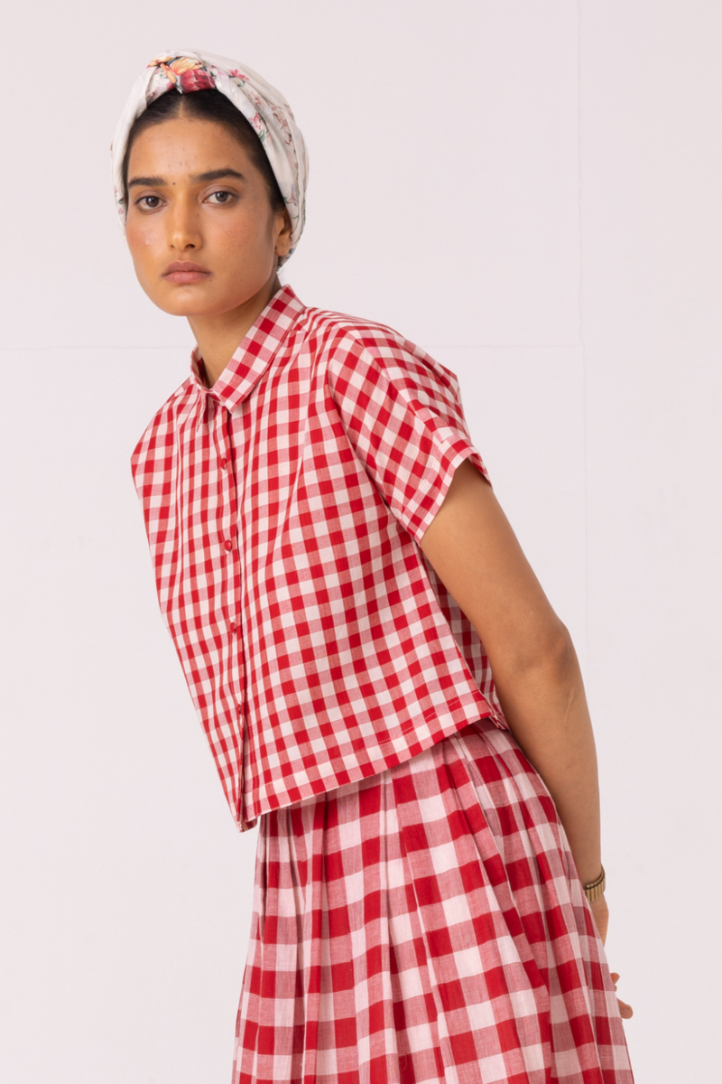 Emily Red Checkered Handwoven Top cotton by The Summer House in red color for women in Singapore