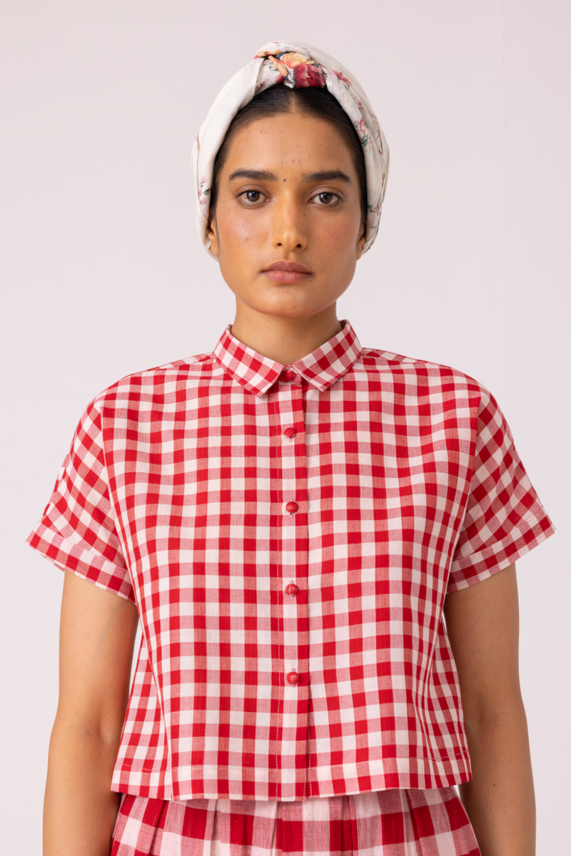 Emily Red Checkered Handwoven Top cotton by The Summer House in red color for women in Singapore