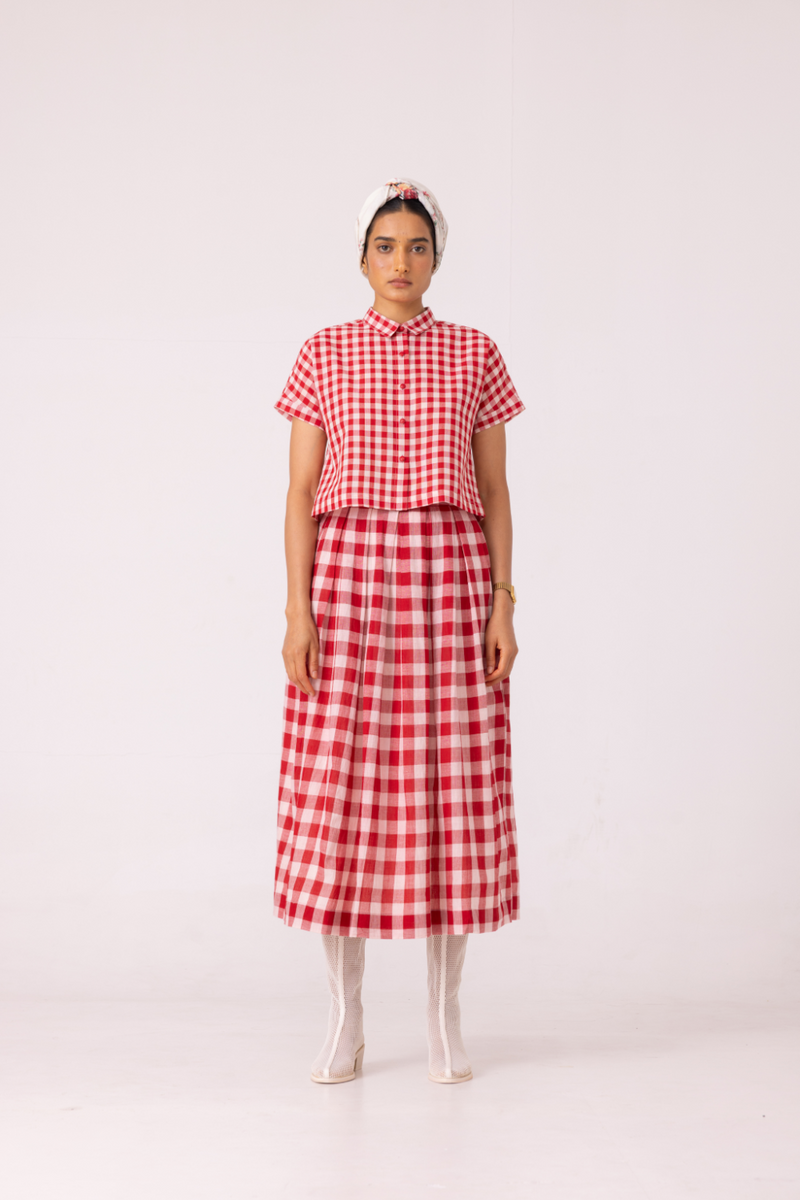 Emily Red Checkered Handwoven Top cotton by The Summer House in red color for women in Singapore