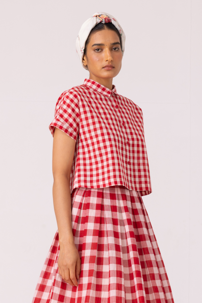 Emily Red Checkered Handwoven Top cotton by The Summer House in red color for women in Singapore