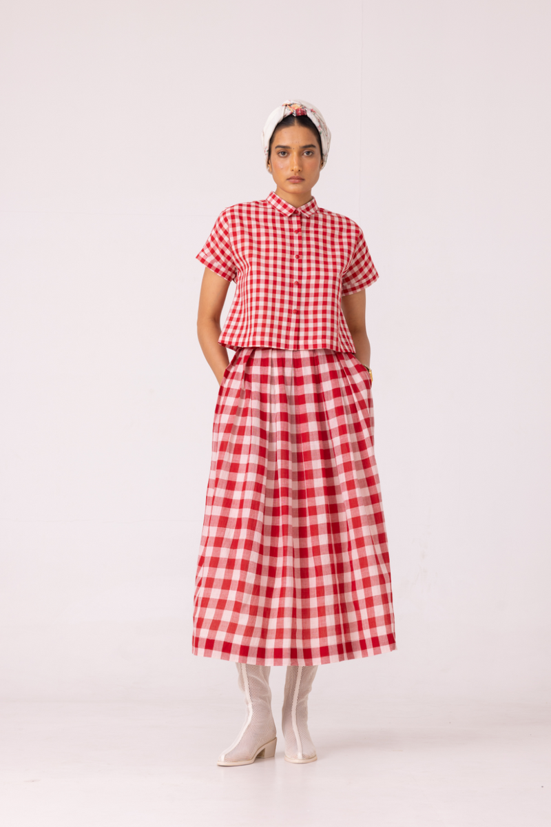 Emily Red Checkered Handwoven Top cotton by The Summer House in red color for women in Singapore