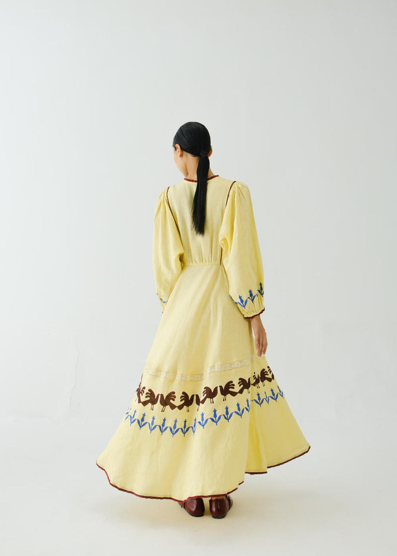 Emma Dress-Butter Yellow Bird Applique linen by CORD for women in Singapore