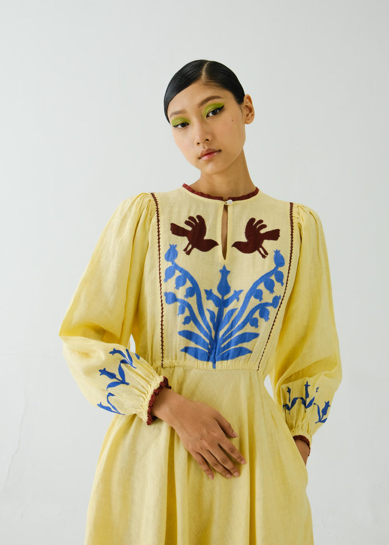 Emma Dress-Butter Yellow Bird Applique linen by CORD for women in Singapore