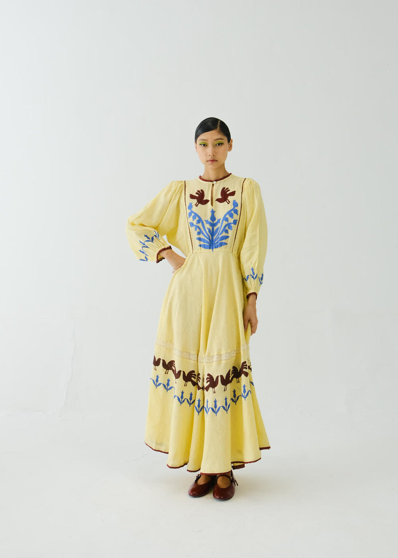 Emma Dress-Butter Yellow Bird Applique linen by CORD for women in Singapore