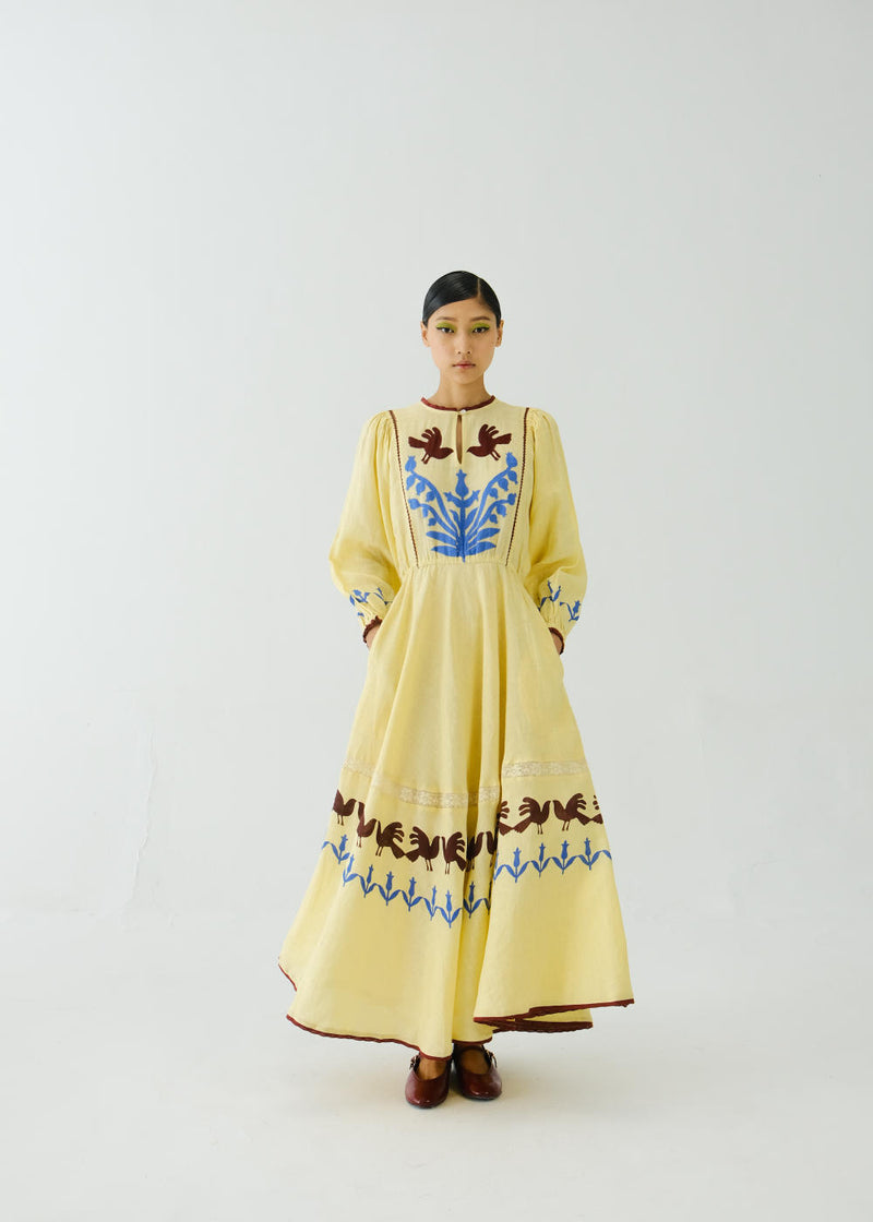 Emma Dress-Butter Yellow Bird Applique linen by CORD for women in Singapore