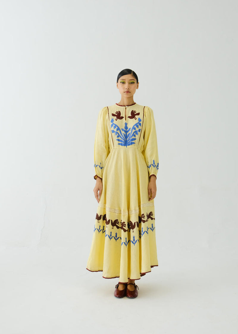 Emma Dress-Butter Yellow Bird Applique linen by CORD for women in Singapore