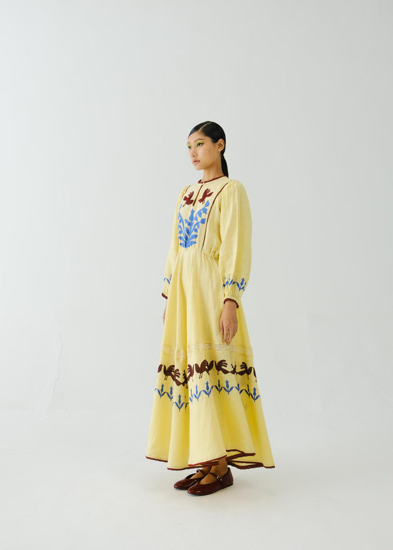 Emma Dress-Butter Yellow Bird Applique linen by CORD for women in Singapore