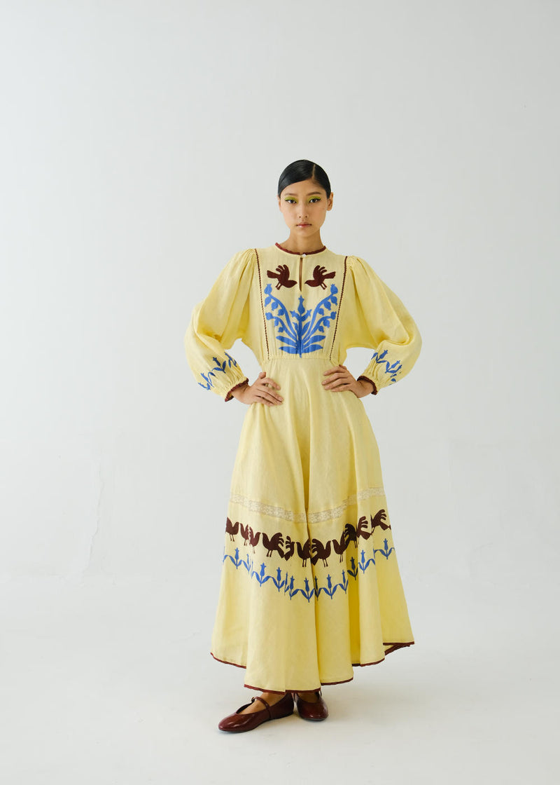 Emma Dress-Butter Yellow Bird Applique linen by CORD for women in Singapore