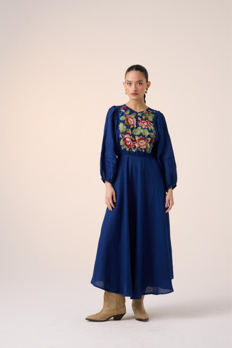 EMMA DRESS -BLUE EMBROIDERY linen by CORD in multi for women in Singapore
