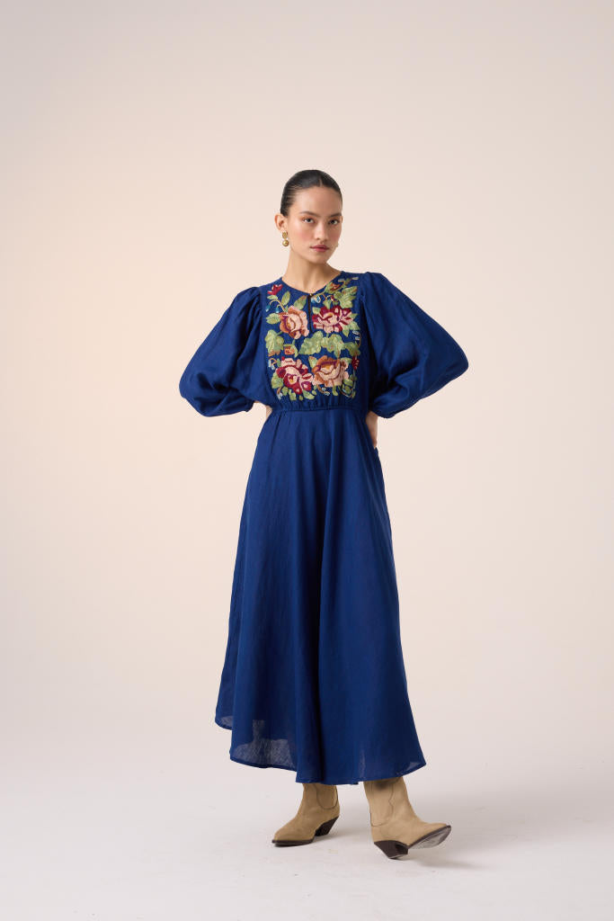 EMMA DRESS -BLUE EMBROIDERY linen by CORD in multi for women in Singapore