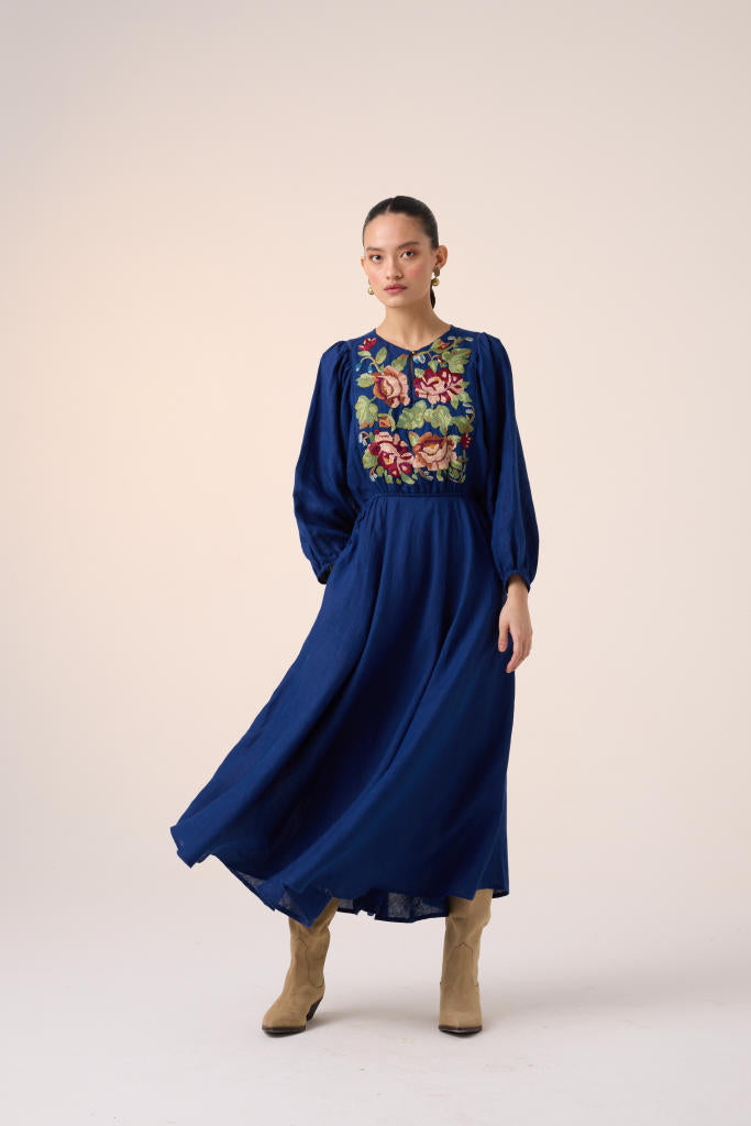 EMMA DRESS -BLUE EMBROIDERY linen by CORD in multi for women in Singapore