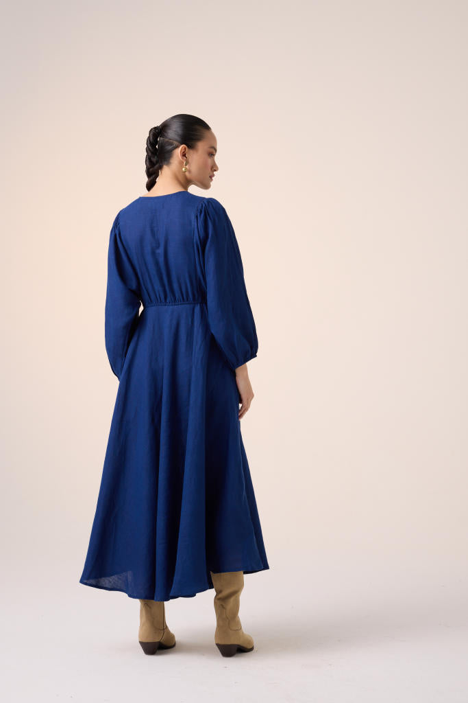 EMMA DRESS -BLUE EMBROIDERY linen by CORD in multi for women in Singapore