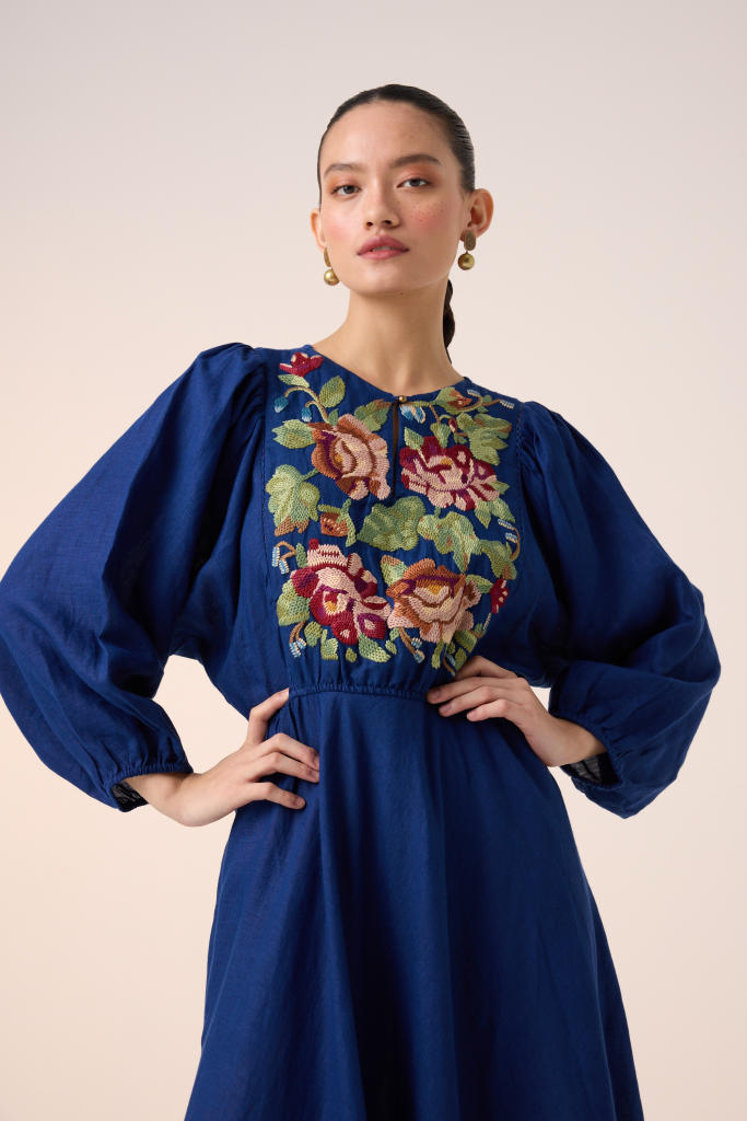 EMMA DRESS -BLUE EMBROIDERY linen by CORD in multi for women in Singapore