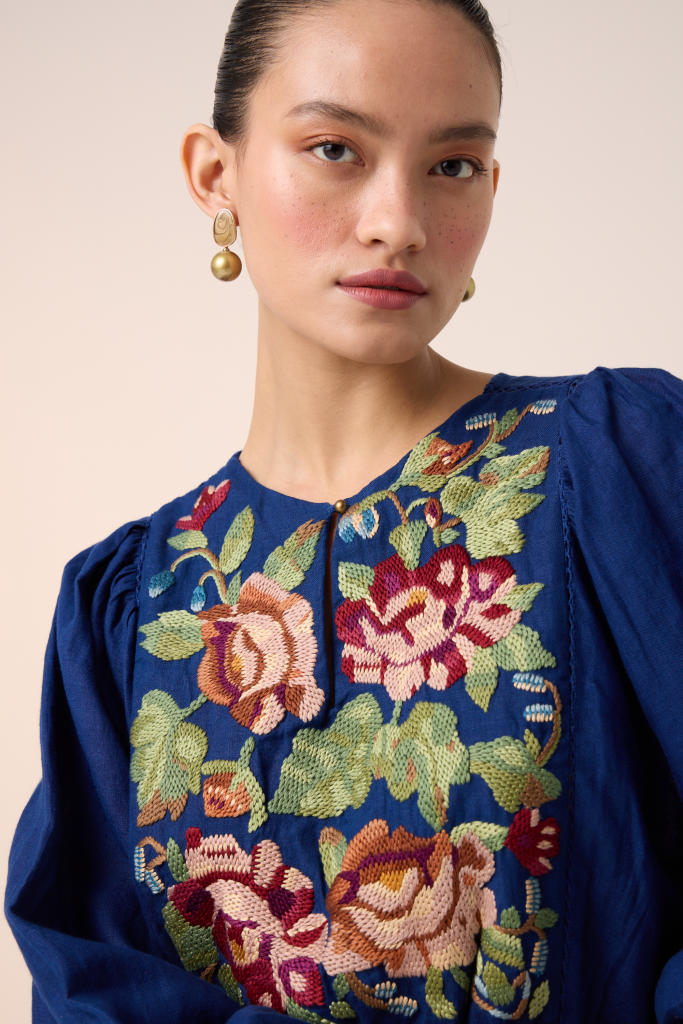 EMMA DRESS -BLUE EMBROIDERY linen by CORD in multi for women in Singapore
