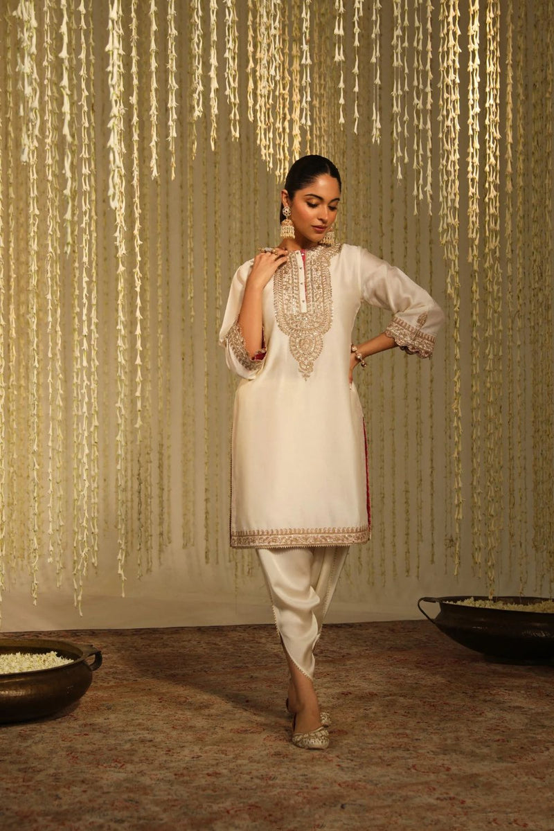 Enisa Straight kurta with Dhoti-Daisy Ivory silk by SHEETAL BATRA in ivory color for women in Singapore