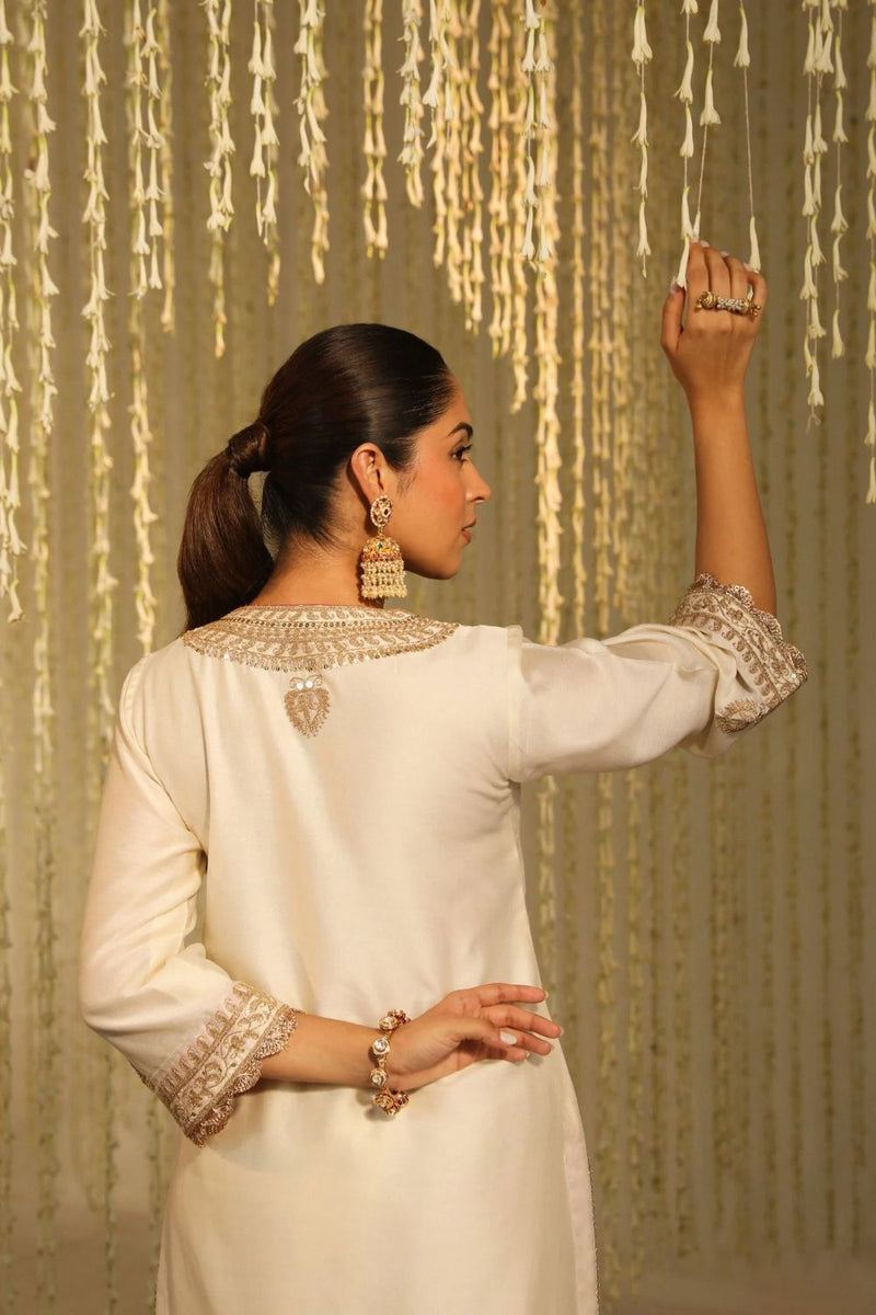 Enisa Straight kurta with Dhoti-Daisy Ivory silk by SHEETAL BATRA in ivory color for women in Singapore