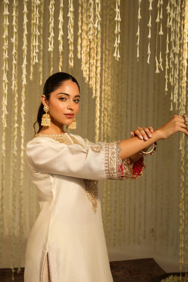 Enisa Straight kurta with Dhoti-Daisy Ivory silk by SHEETAL BATRA in ivory color for women in Singapore