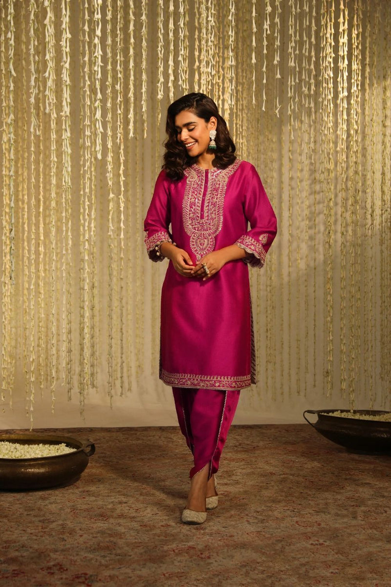 Enisa Straight kurta with Dhoti-Hotpink silk by SHEETAL BATRA in pink color for women in Singapore