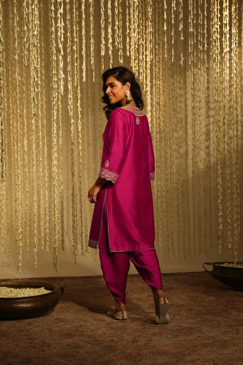 Enisa Straight kurta with Dhoti-Hotpink silk by SHEETAL BATRA in pink color for women in Singapore