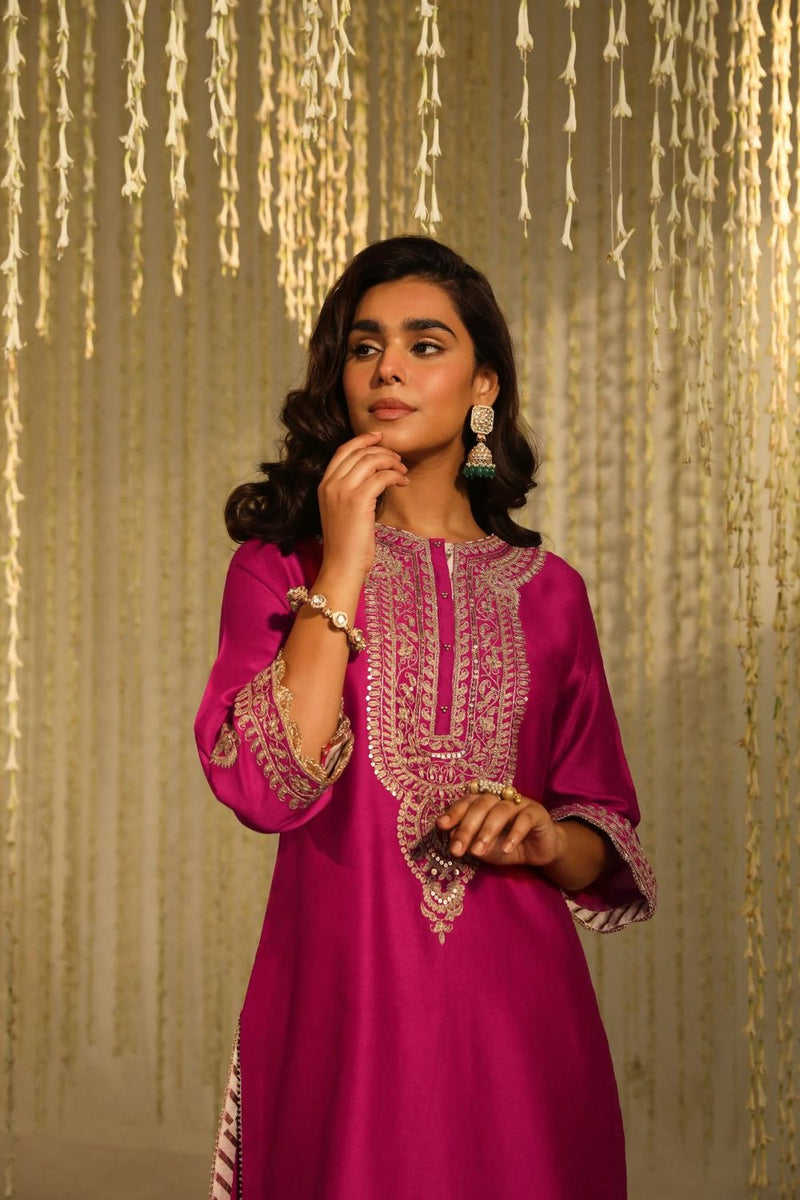 Enisa Straight kurta with Dhoti-Hotpink silk by SHEETAL BATRA in pink color for women in Singapore