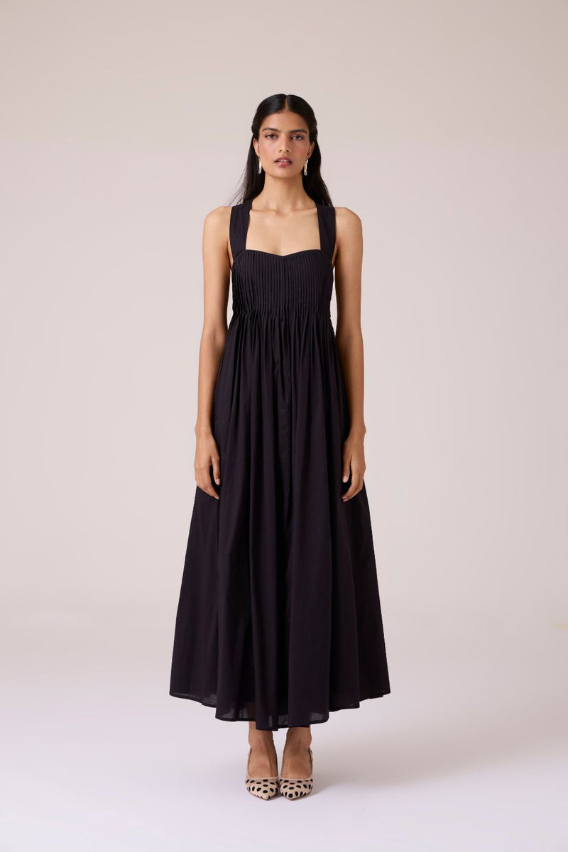 Erato Black Pleated Dress cotton by The Summer House in black color for women in Singapore