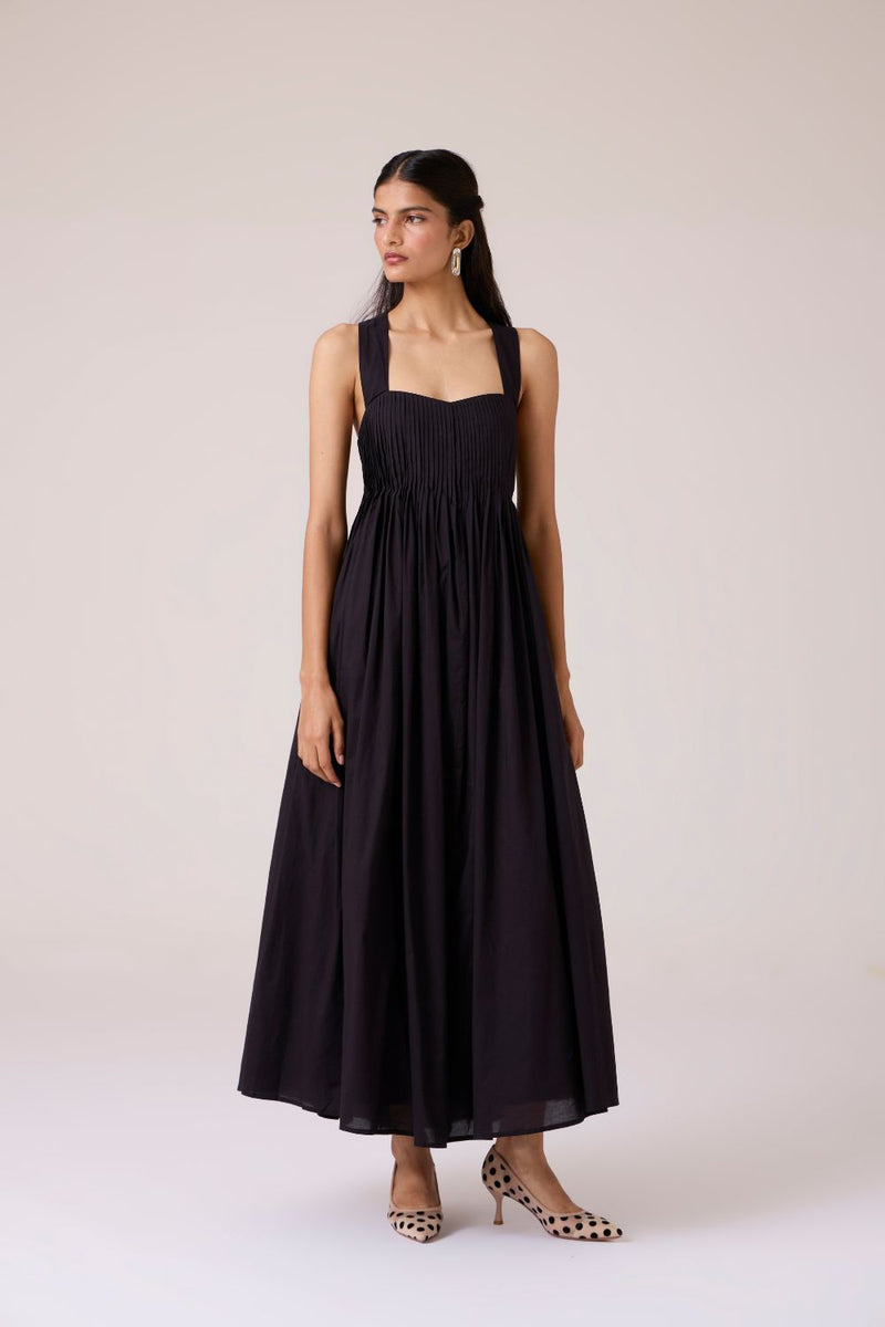 Erato Black Pleated Dress cotton by The Summer House in black color for women in Singapore
