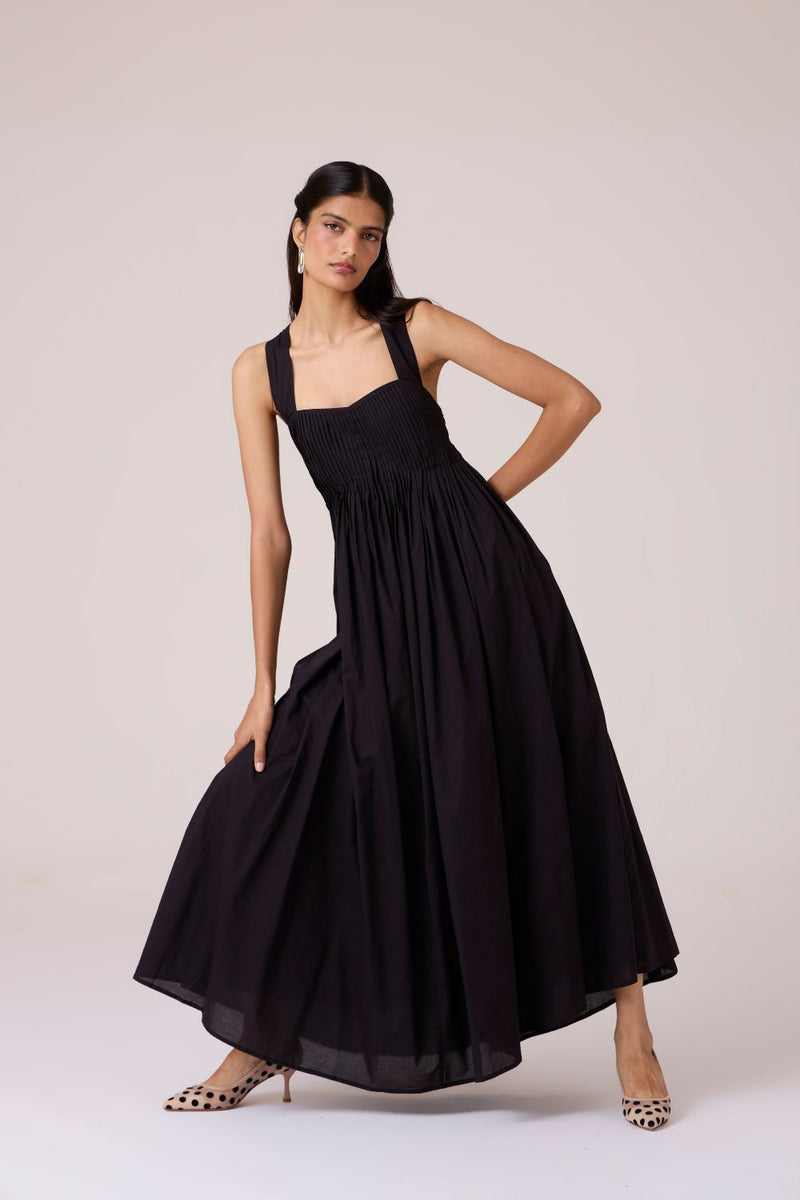 Erato Black Pleated Dress cotton by The Summer House in black color for women in Singapore