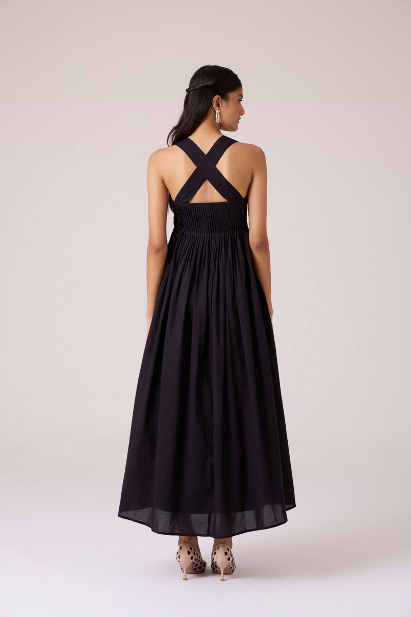 Erato Black Pleated Dress cotton by The Summer House in black color for women in Singapore