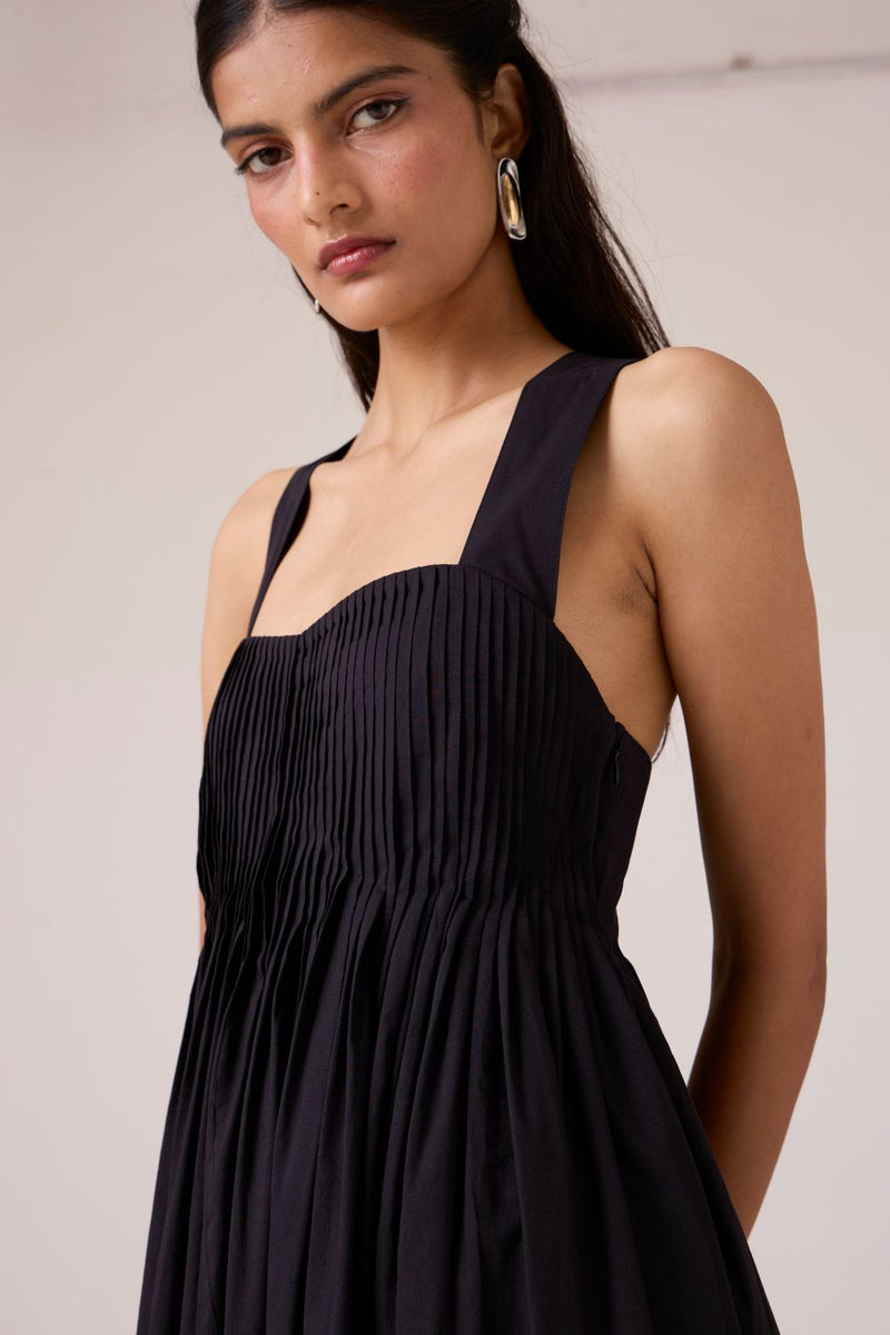 Erato Black Pleated Dress cotton by The Summer House in black color for women in Singapore