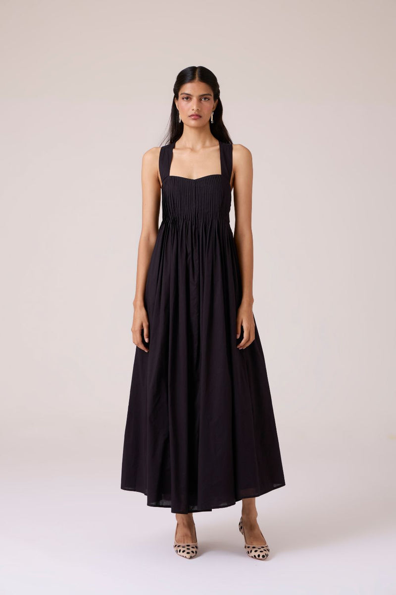 Erato Black Pleated Dress cotton by The Summer House in black color for women in Singapore