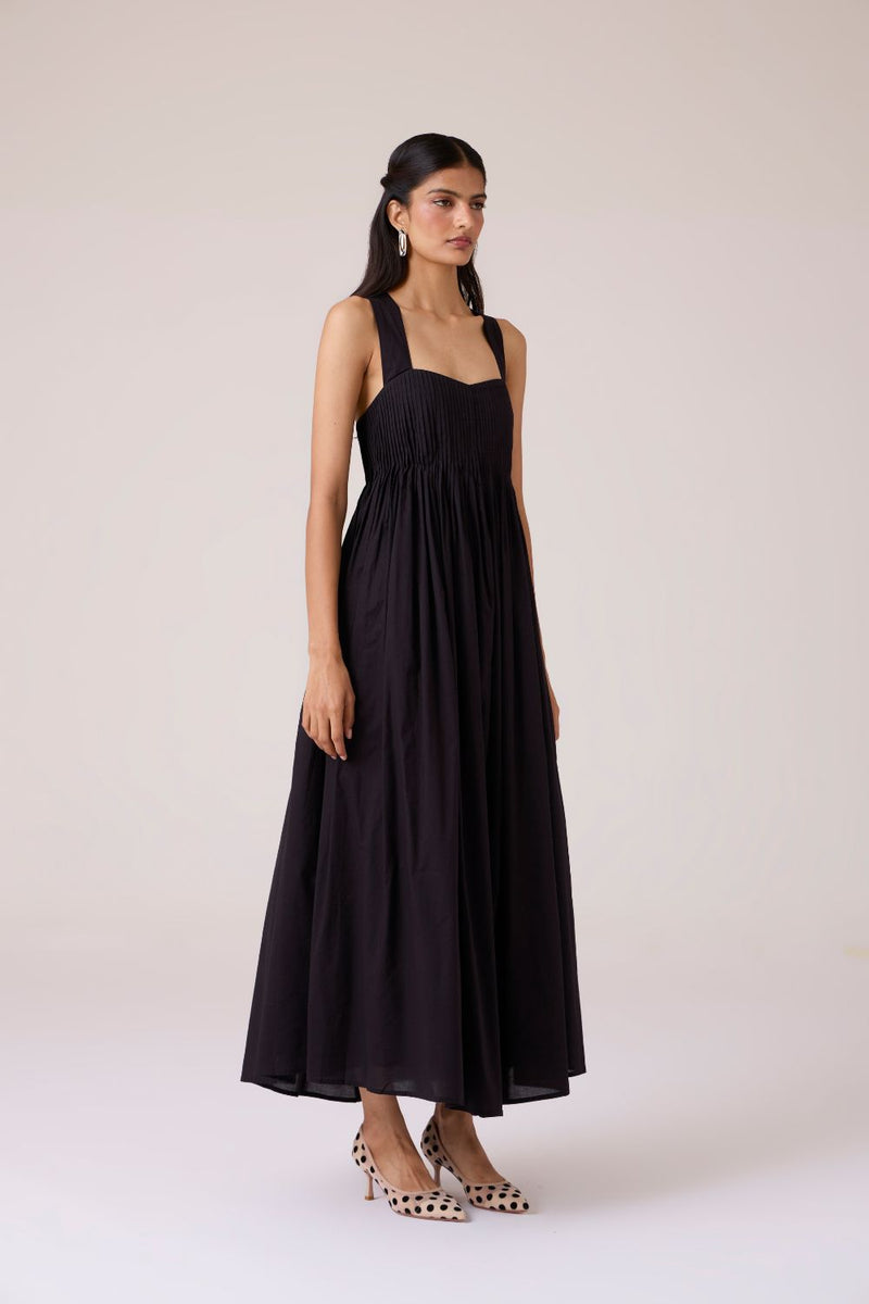Erato Black Pleated Dress cotton by The Summer House in black color for women in Singapore