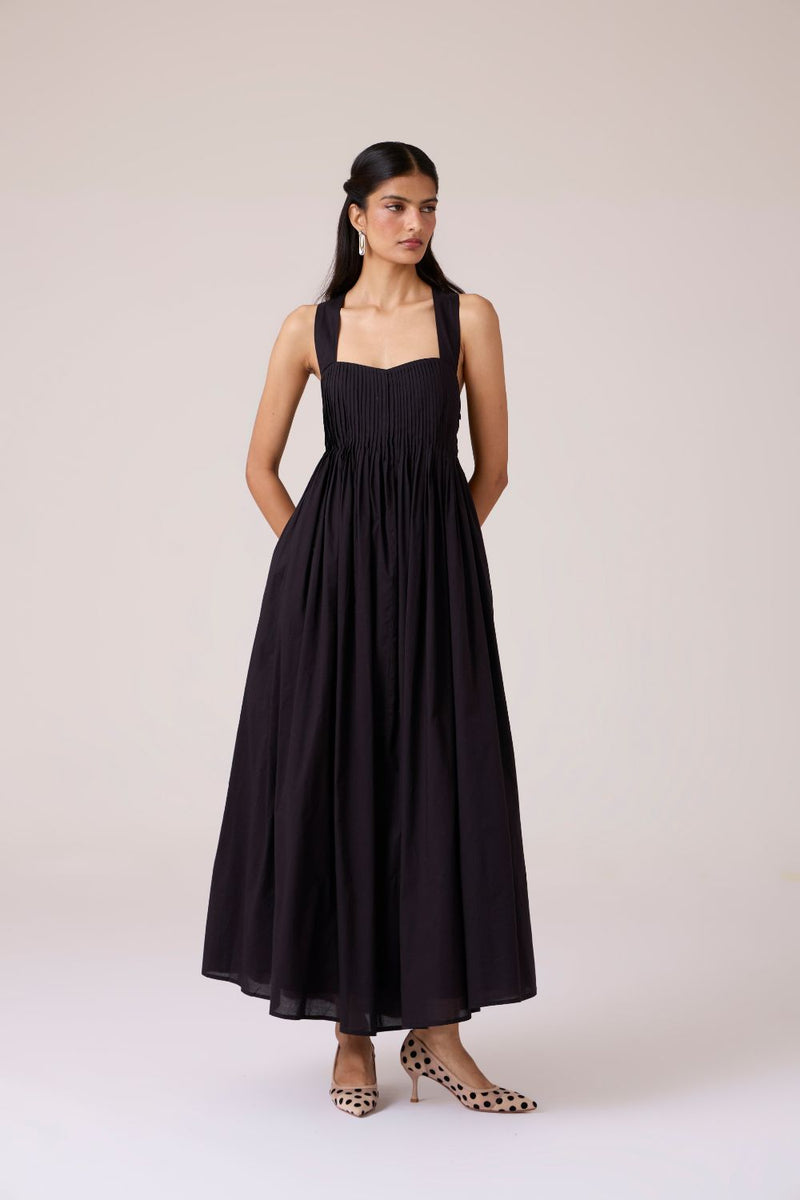 Erato Black Pleated Dress cotton by The Summer House in black color for women in Singapore