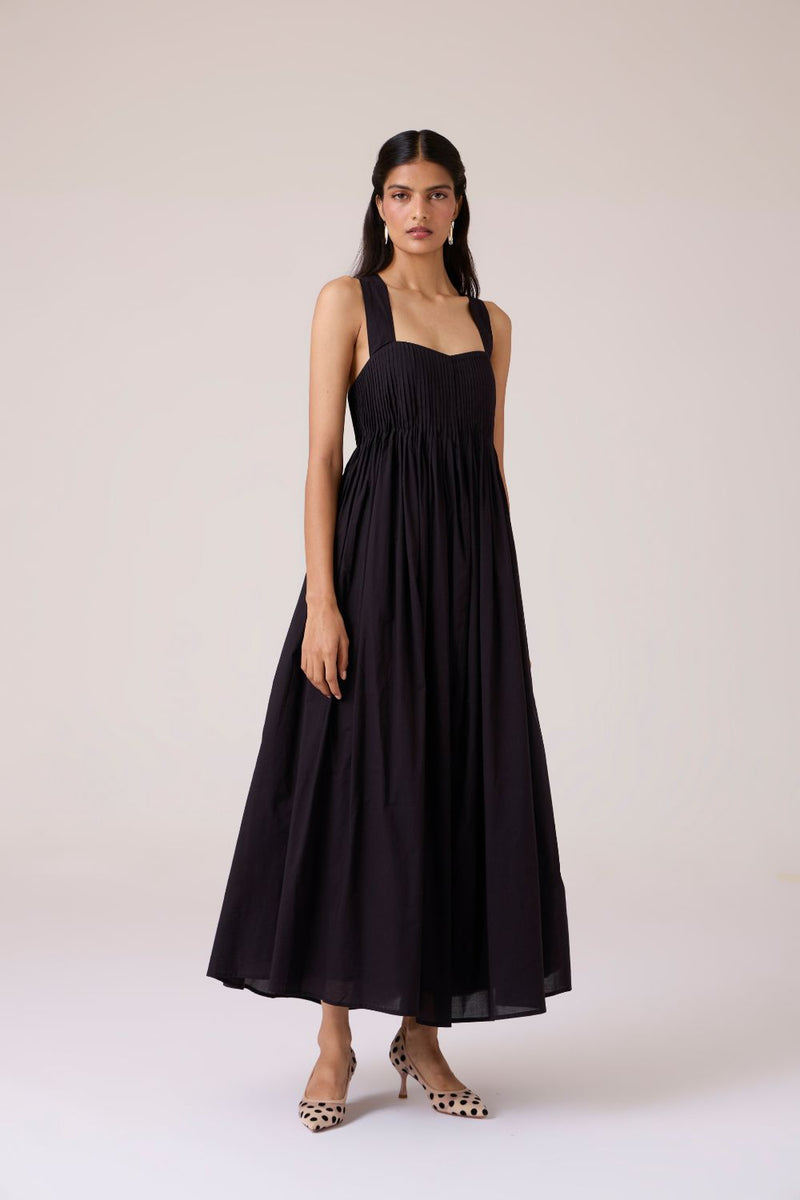 Erato Black Pleated Dress cotton by The Summer House in black color for women in Singapore