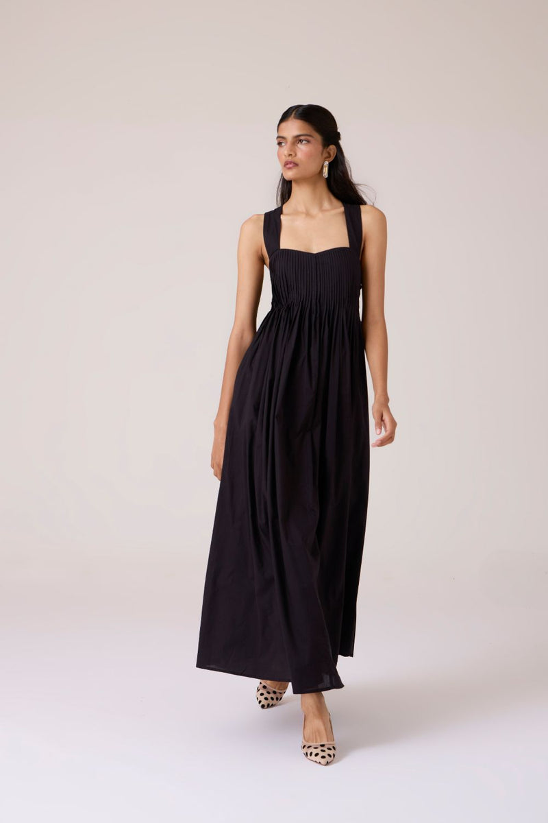 Erato Black Pleated Dress cotton by The Summer House in black color for women in Singapore
