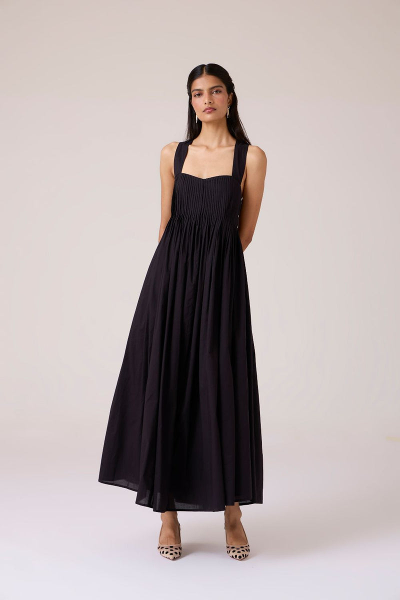 Erato Black Pleated Dress cotton by The Summer House in black color for women in Singapore