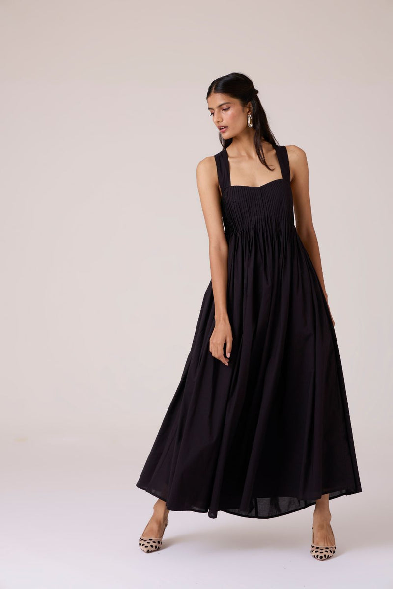 Erato Black Pleated Dress cotton by The Summer House in black color for women in Singapore