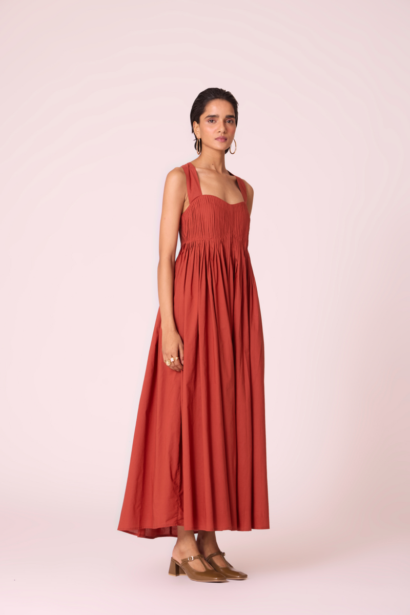 Erato Rust Pleated Dress cotton by The Summer House in rust color for women in Singapore