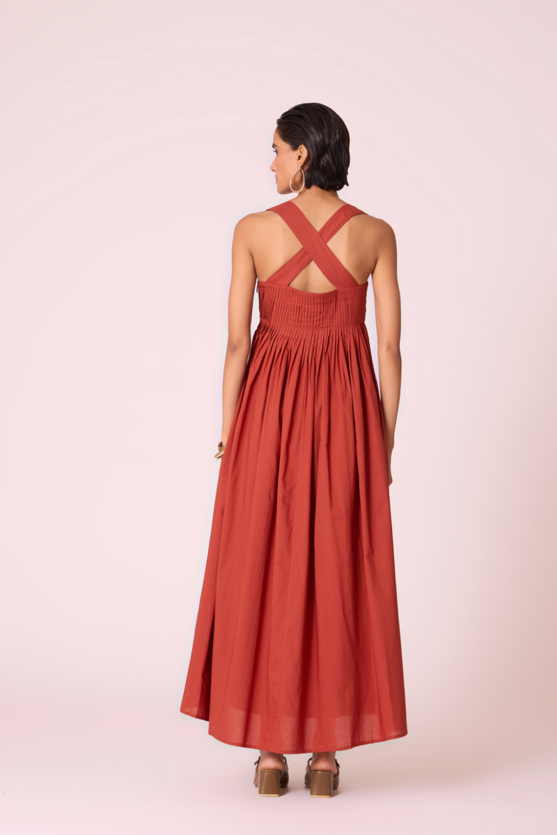 Erato Rust Pleated Dress cotton by The Summer House in rust color for women in Singapore