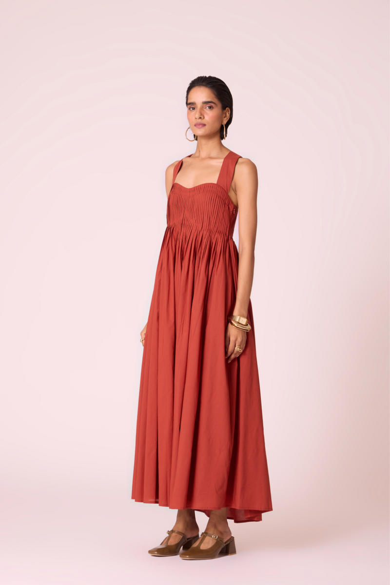 Erato Rust Pleated Dress cotton by The Summer House in rust color for women in Singapore
