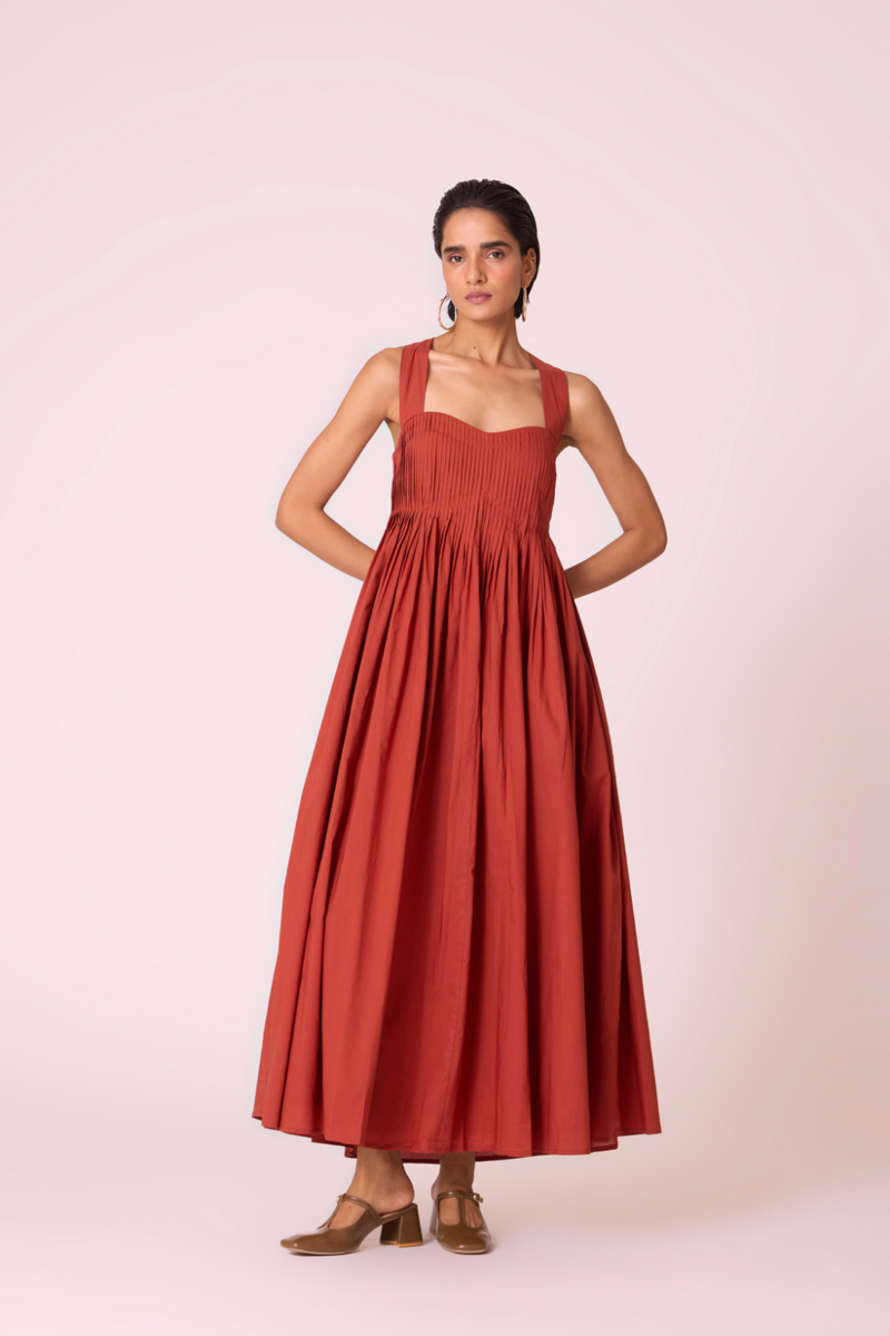 Erato Rust Pleated Dress cotton by The Summer House in rust color for women in Singapore