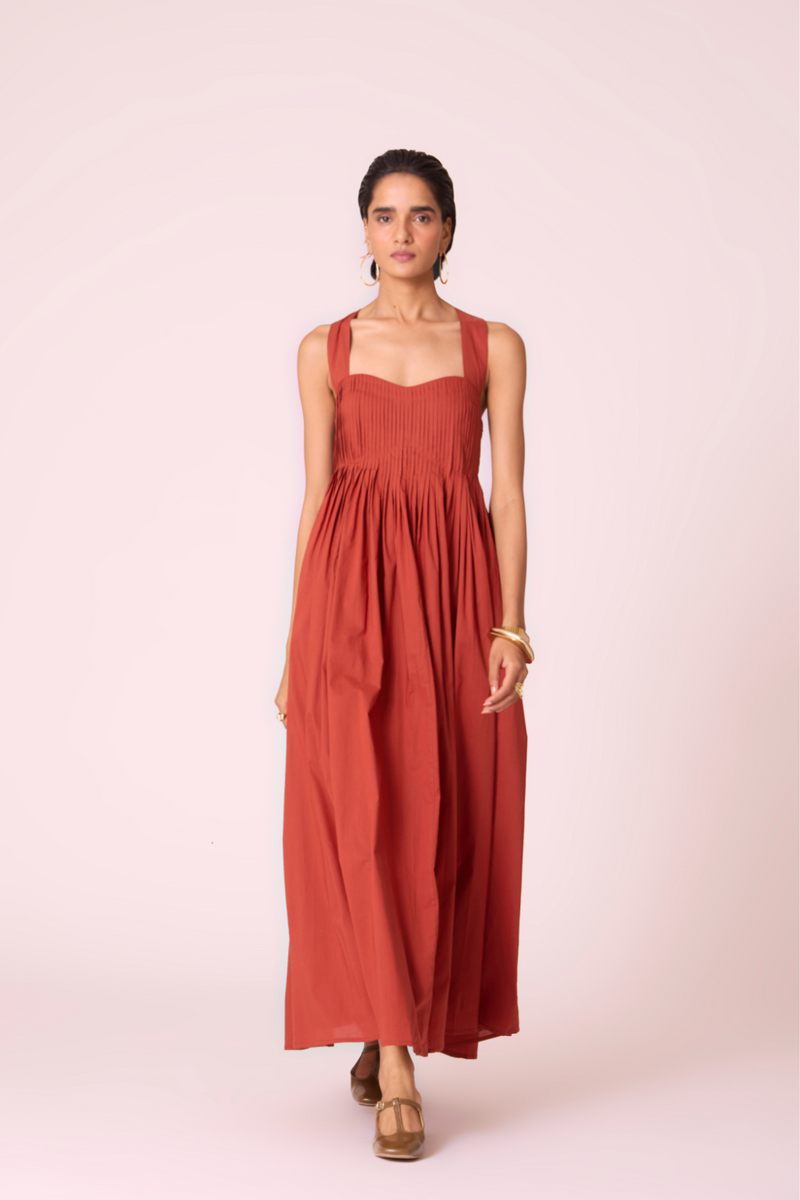 Erato Rust Pleated Dress cotton by The Summer House in rust color for women in Singapore