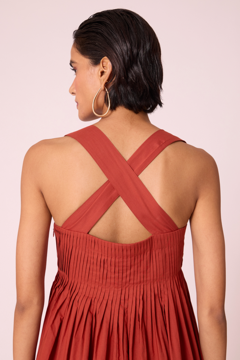 Erato Rust Pleated Dress cotton by The Summer House in rust color for women in Singapore